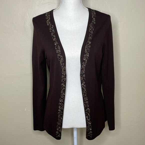 BGBG MaxAzria Cardigan Sweater Chocolate Brown Bead Trim Open Front Long Sleeve - Picture 1 of 10